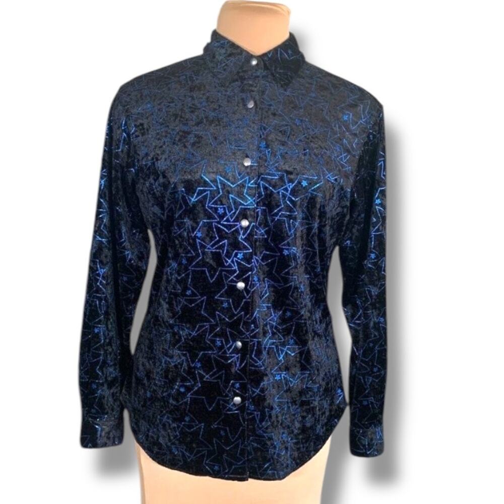 Vintage Navy Velvet Button-Down Shirt with Shimmering Blue Star Motif